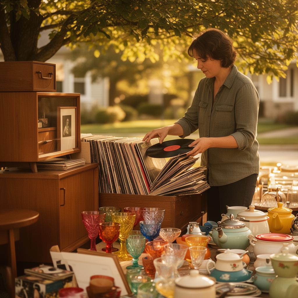 Person browsing vintage vinyl records and colorful glassware at a yard sale