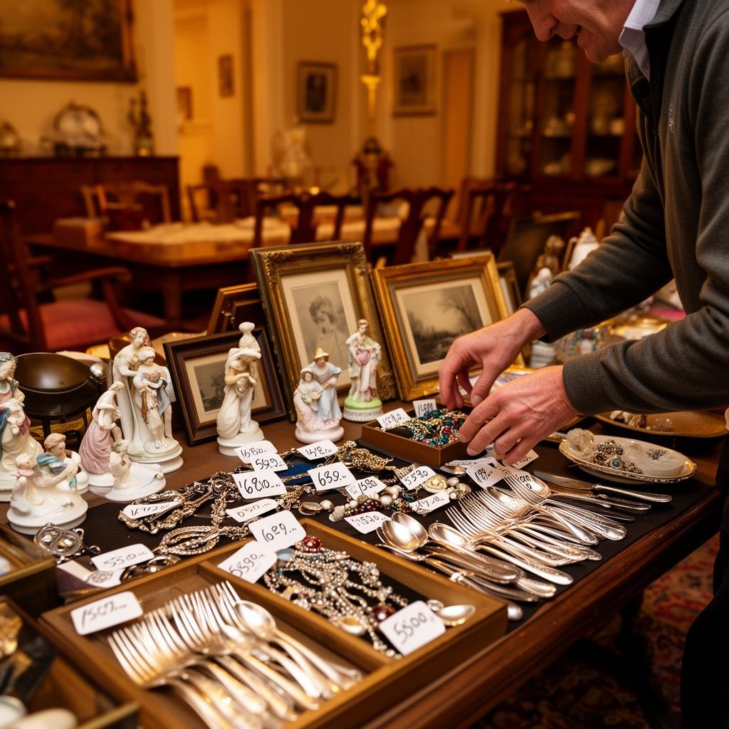 Seller carefully arranging antiques, jewelry, and silverware with handwritten price tags