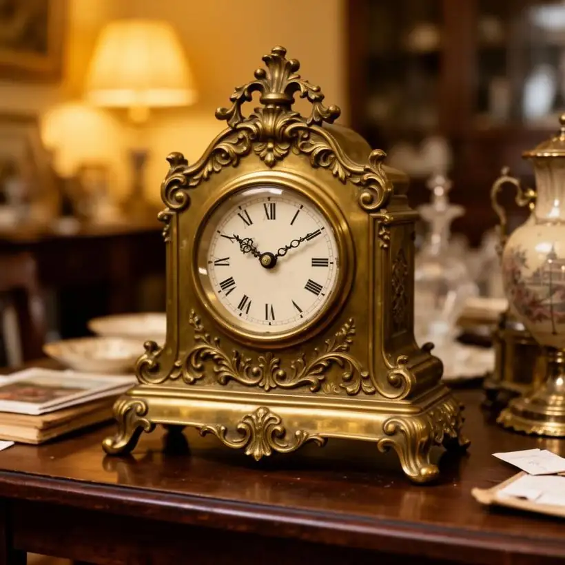 Antique brass mantel clock with ornate French Revival detailing at an estate sale